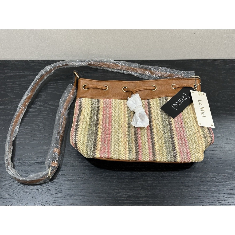 Le Miel vegan woven straw crossbody‎ bag Purse  Stripes Faux Brown Leather NWT